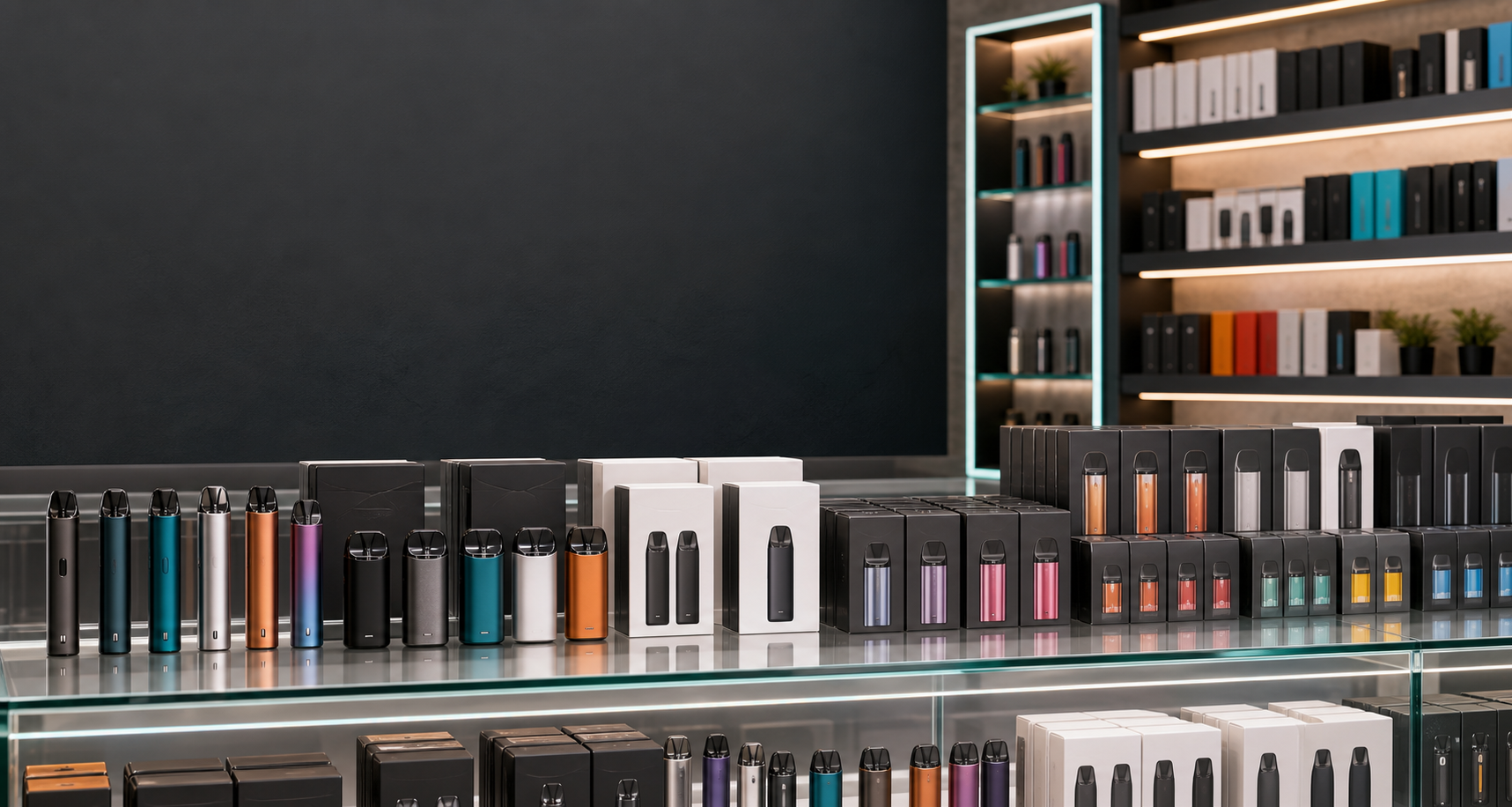 Organized unbranded vape catalog display on a retail counter