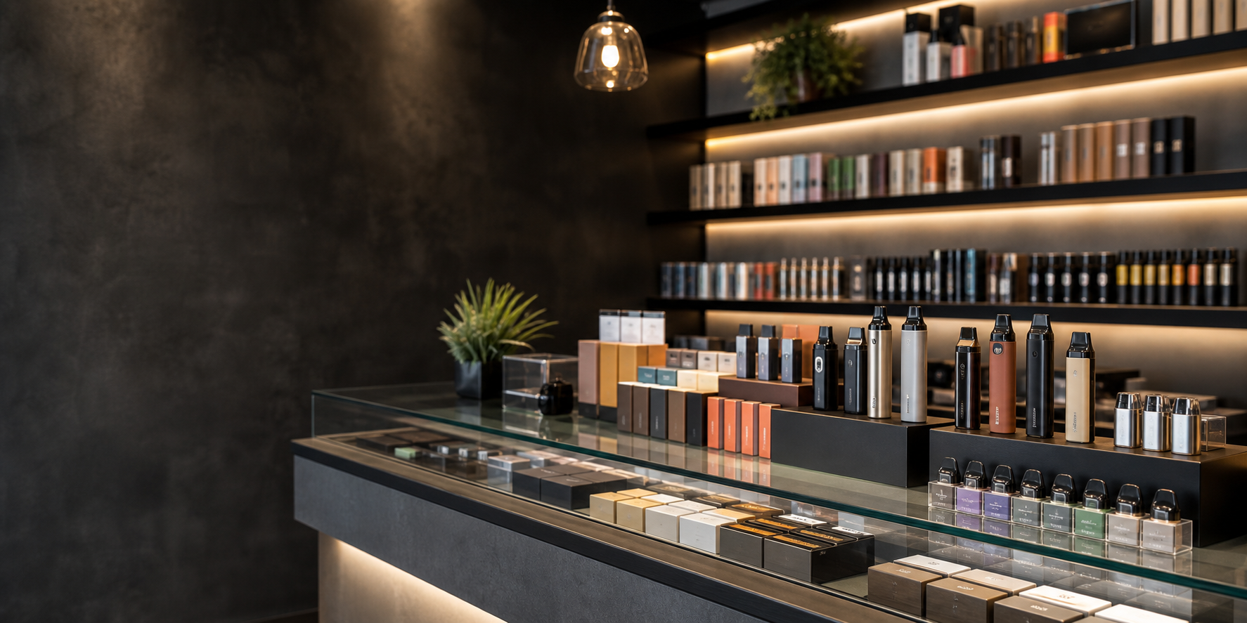 Modern vape shop retail display with unbranded products